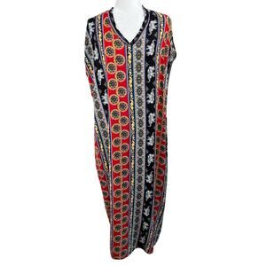 Vintage Red Black Multi Elephant Print V-Neck Cover Up Kaftan Midi Dress L/XL